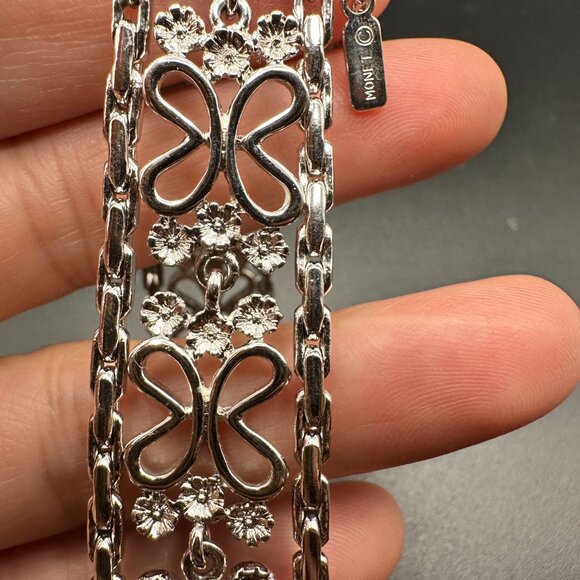 Vintage Monet Silver Tone Multi Strand Flower Bracelet Safety Chain Signed - Picture 9 of 15